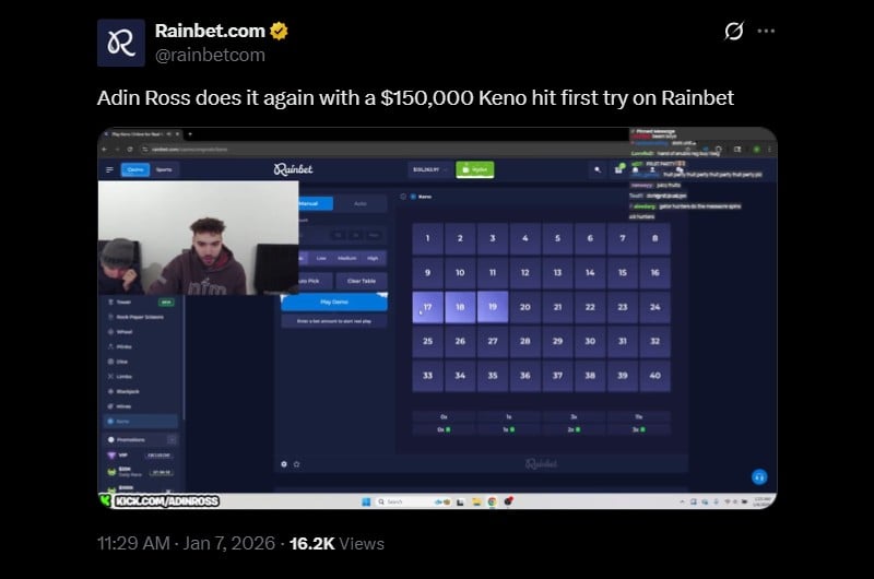 Twitter Adin Ross 150K Rainbet Keno Win